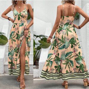 (XL) Tropical Print Split Thigh Cami Maxi Dress